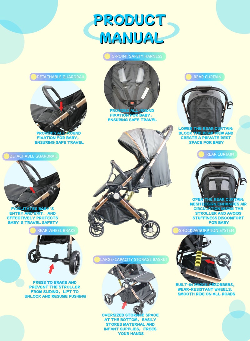 Two-way One-click Foldable Ultra Lightweight Travel Stroller with Comfortable and Shock Absorbent Multi Position Reclining Seat Adjustable Canopy Foldable Storage Basket NO.1105 - Image 5